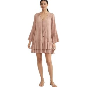 Free People Blush Boho Mini Dress Bell Sleeve Tiered Ruffle Women's Size M